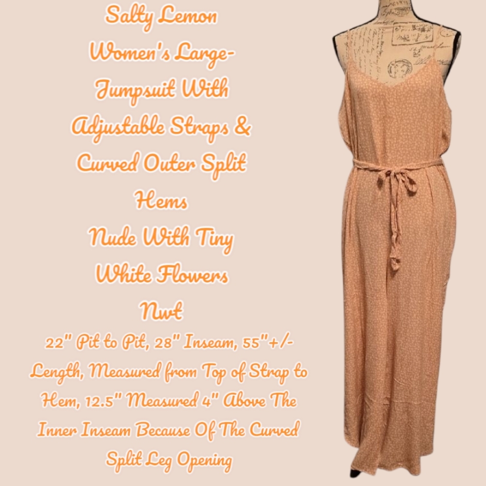 SALTY LEMON Nude Jumpsuit with White Floral Pattern & Split Curved Hem Nwt Large